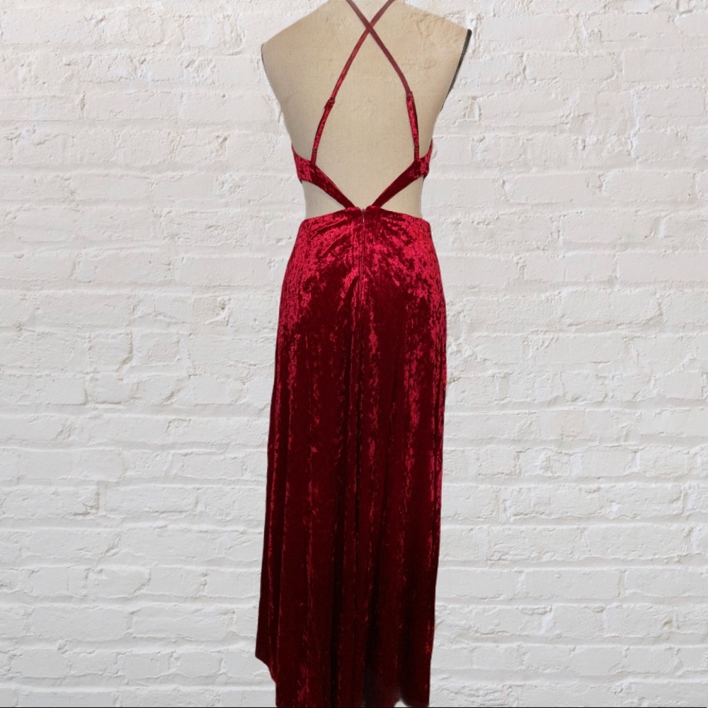 ❌DONATED❌Burgundy Red Velvet V-neck Criss Cross Back Straps Lined Maxi Dress - Picture 7 of 14